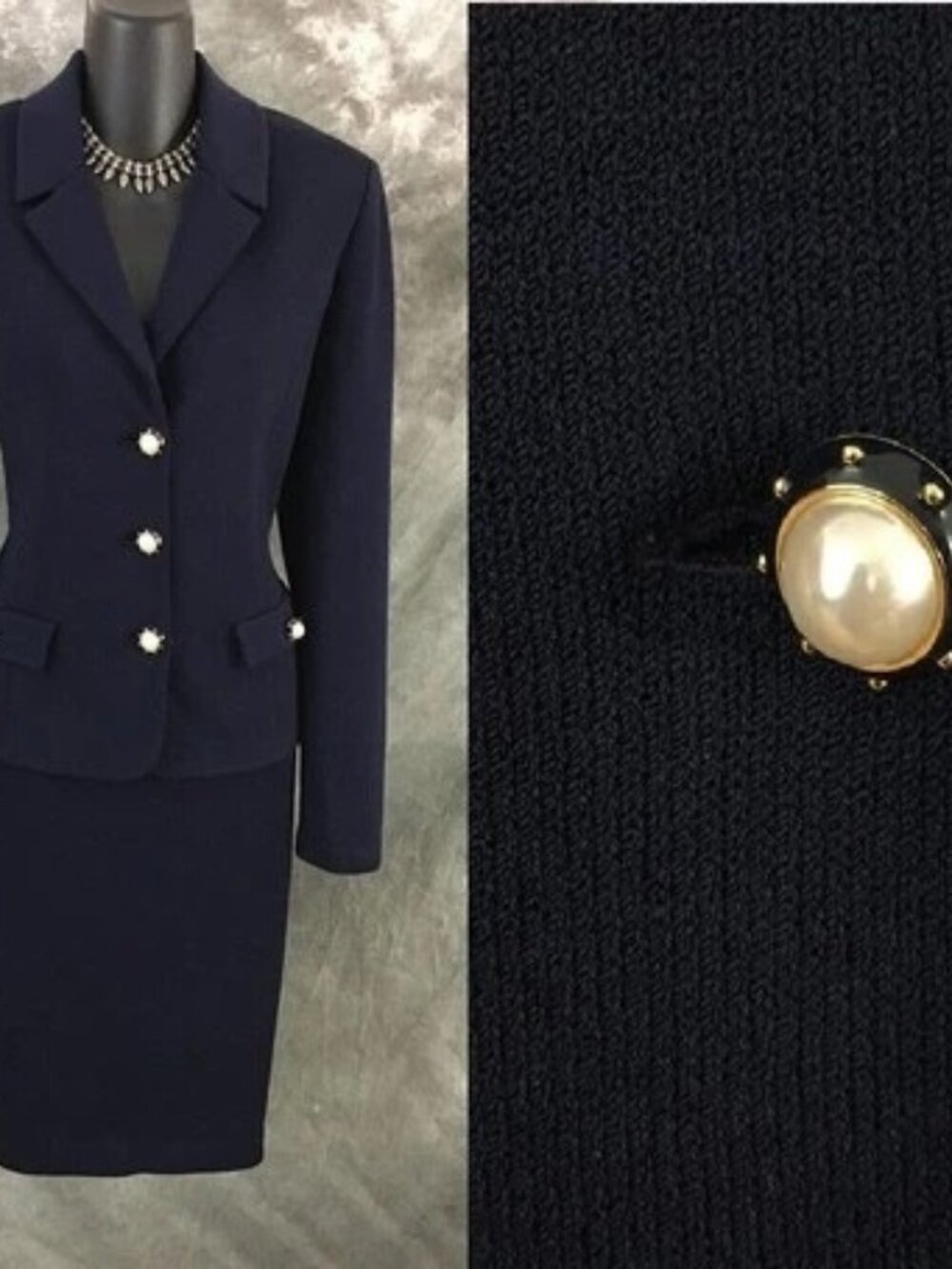 BEAUTIFUL St John collection knit blue pearl jacket skirt suit size 10